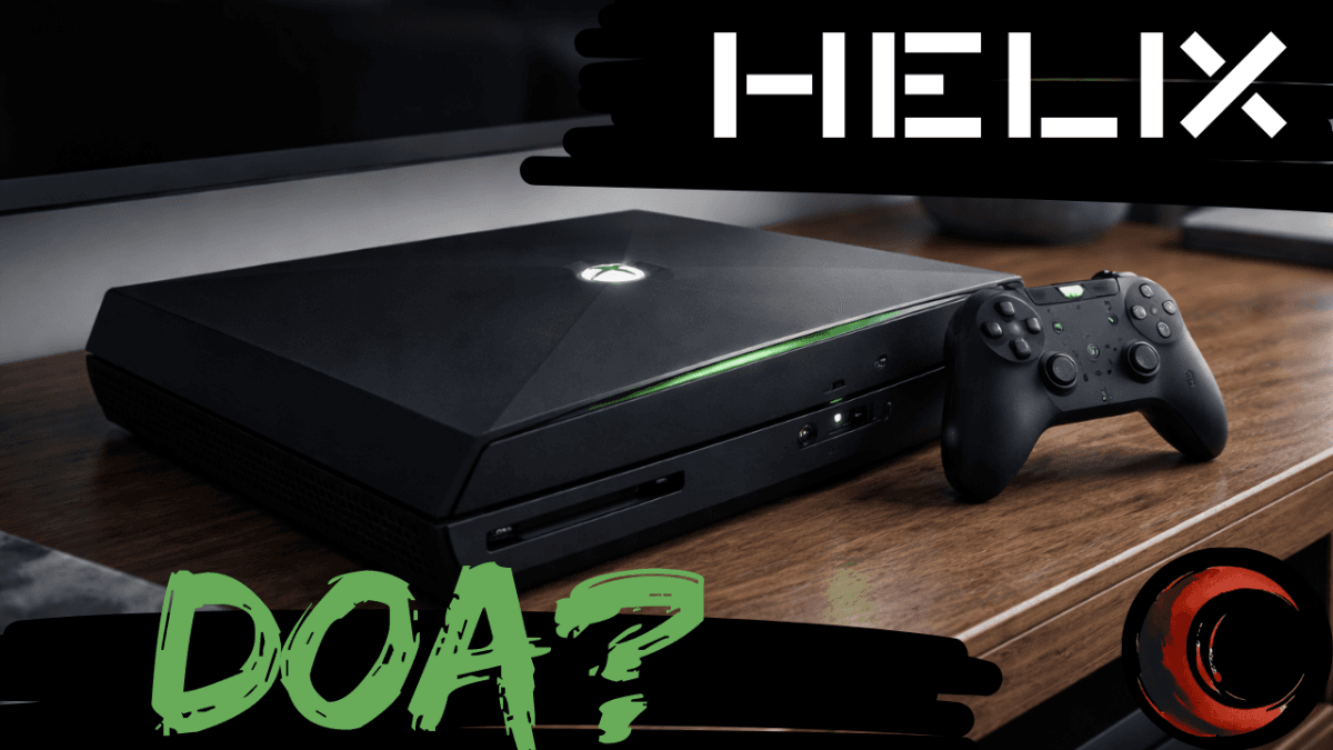 Xbox Helix console with text asking if it is dead on arrival without a disc drive